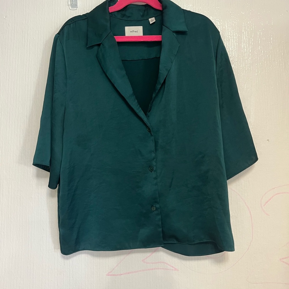 Wilfred Teal-Blue Satin Button-Down Shirt